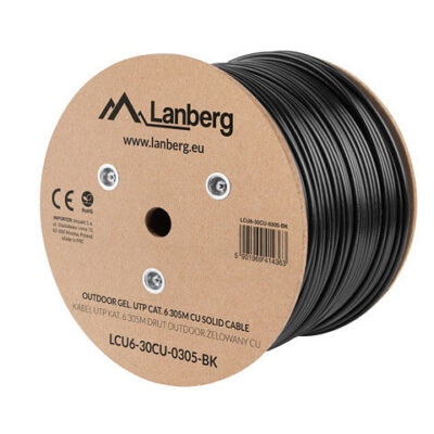 Bobina para exterior lanberg cat.6 utp rj45 cobre gel – filled fluke awg23 305m negro