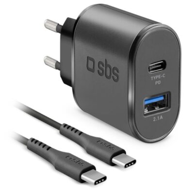 Kit cargador pared sbs 1 x usb 2.1 1 x usb tipo c 12 – 24v carga rapida + cable usb tipo c 1.5m