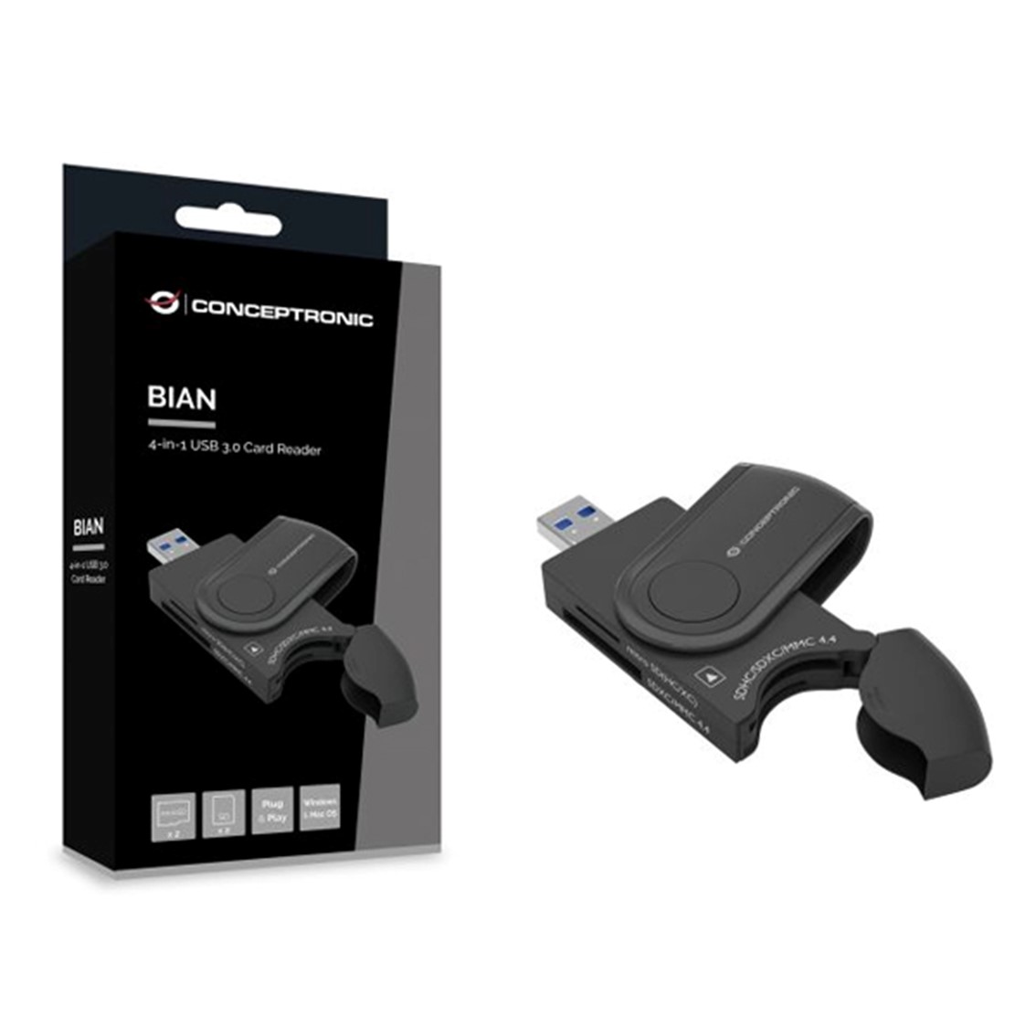 Lector de tarjetas externo usb 3.0 4 en 1 conceptronic bian04b sd - sdhc - sdxc micro sd - t flash