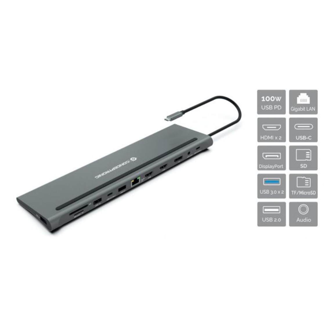 Docking station conceptronic usb tipo c donn17g 2 x hdmi - 1 x dp - 2 x usb 3.0 - 1 x usb 2.0 - 1 x rj45 - 1 x aux - lector sd - lector micro sd