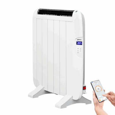 Yoevu – radiador eléctrico bajo consumo – 4 elementos – 900 w – temporizador – programable – mando a distancia – pantalla lcd – app control wifi – compatible con alexa – apto pared o pie – aluminio – blanco