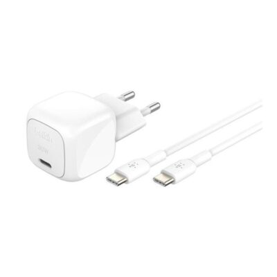 Cargador de pared belkin wca008kq1mwh – b6 30w usb tipo c + cable usb tipo c blanco
