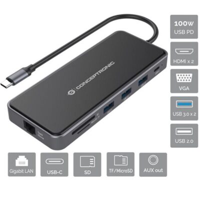 Adaptador conceptronic usb tipo c a gigabit ethernet rj45 – hdmi – vga – con hub usb 3 puertos – usb tipo c – lector de tarjetas