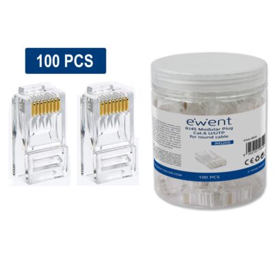 Conector rj45 ewent im1205 cat.6 u – utp para cable redondo 100 unidades