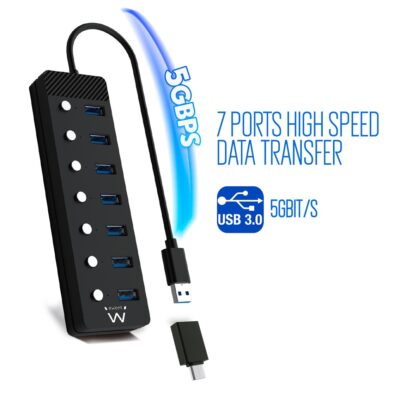 Hub ewent 7 puertos usb 3.0 + interruptor – usb tipo a + adaptador usb tipo c