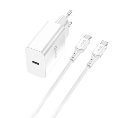 Kit cargador qcharx chronos 3a 20w puerto pd + cable tipo c a tipo c blanco