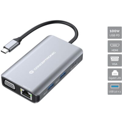 Docking station conceptronic donn21g 7 en 1 3 x usb 3.0 – 1 x hdmi – 1 x vga – 1 x rj45 – 1 x usb tipo c