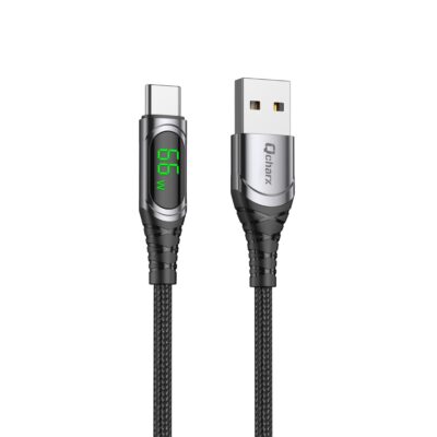 Cable qcharx menorca usb a tipo c 3a 66w – 1 m – aleación aluminio negro cable suave digital display