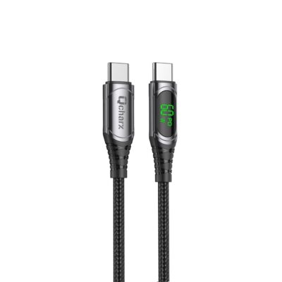 Cable qcharx ibiza tipo c a tipo c 3a 60w – 1 m – aleación aluminio negro cable suave digital display