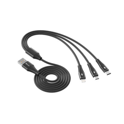 Cable triple qcharx napoli usb a lightning + tipo c + micro 3a – 1.2 m – aleación de aluminio negro cordon suave