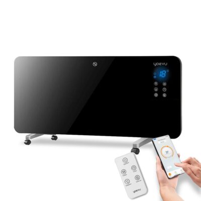 Yoevu | radiador eléctrico bajo consumo | 2000w | programable | control móvil app y wifi | termostato regulable | soporte con ruedas | resistencia ip24 | protección sobrecalentamiento | cristal negro