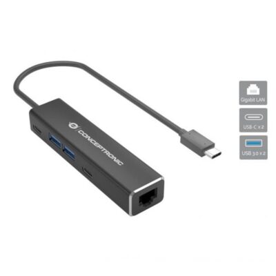 Adaptador usb tipo c a rj45 conceptronic macho – hembra + hub 4 en 1