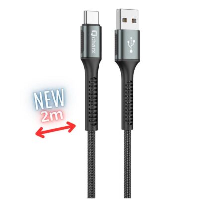 Cable qcharx prague usb tipo c a usb tipo a – 2m – aleacion de aluminio negro cordon de tela suave