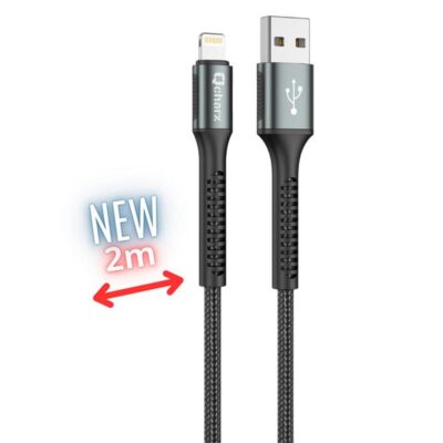 Cable qcharx prague lightning usb tipo a – 2m – aleacion de aluminio negro cordon de tela suave