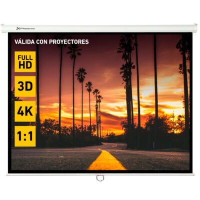 Pantalla manual videoproyector pared y techo phoenix 169´´ ratio: 1:1 – 4:3 – 16:9 – 3m x 3m posicion ajustable – carcasa blanca – tela super resistente