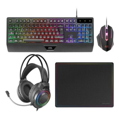 Kit teclado + raton mars gaming mcp124profr rgb negro + auriculares y alfombrilla frances