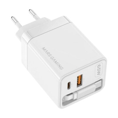 Cargador de pared mars gaming md – gan65rw 65w 1x usb tipo c 1 x usb tipo a cable retractil usb tipo c blanco