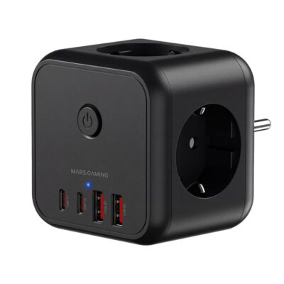 Cargador de pared mars gaming md – cube20 20w 3x schuko 2x usb tipo c 2x usb tipo a negro