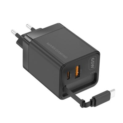 Cargador de pared mars gaming md – gan65r 65w 1x usb tipo c 1 x usb tipo a cable retractil usb tipo c negro