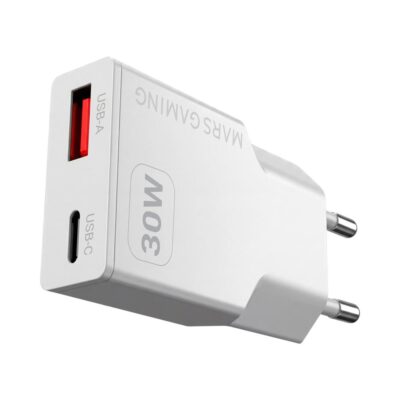 Cargador de pared mars gaming md – gan30w 30w 1x usb tipo c 1 x usb tipo a blanco