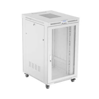 Armario lanberg rack 19 pulgadas 27u – 800×1000 flat pack gris puerta perforada con lcd